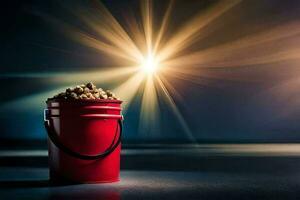 a red bucket filled with peanuts on a dark floor. AI-Generated photo