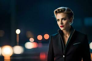 a woman in a suit and red lipstick standing in the dark. AI-Generated photo