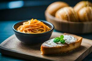 un plato con un pedazo de pastel y un cuenco de pasta. generado por ai foto