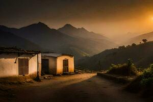 el Dom conjuntos terminado un pueblo en el montañas. generado por ai foto