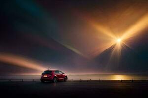 a red car is parked on the beach at night. AI-Generated photo