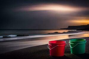 two red and green buckets on the beach at sunset. AI-Generated photo