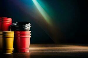 four red and yellow plastic cups on a table. AI-Generated photo