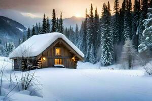 a cabin in the snow with a sun setting behind it. AI-Generated photo