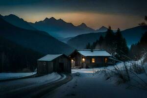 a cabin in the mountains at dusk. AI-Generated photo