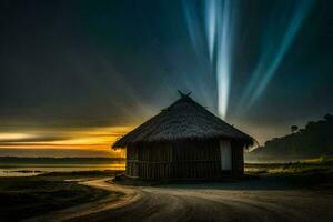 a hut with a light shining from the sky. AI-Generated photo