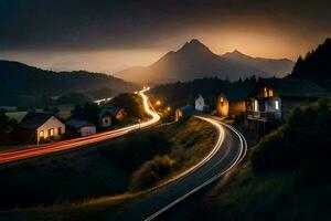 un largo exposición foto de un la carretera y casas en el montañas. generado por ai