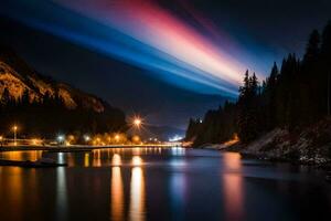 un arco iris ligero brilla terminado un río a noche. generado por ai foto