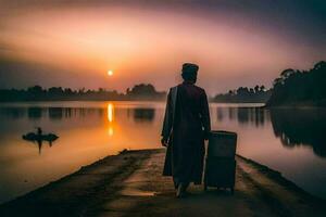 a man walking on a dock with a suitcase. AI-Generated photo