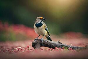 a bird is sitting on a branch in a field. AI-Generated photo