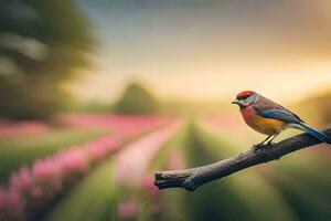 a bird sits on a branch in front of a field of pink flowers. AI-Generated photo