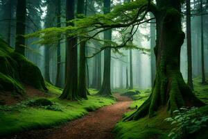 a path through a green forest with mossy trees. AI-Generated photo