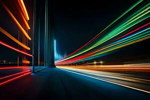 un largo exposición fotografía de un ciudad calle a noche. generado por ai foto