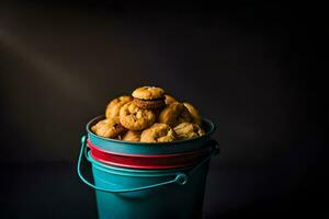 a bucket filled with cookies on a dark background. AI-Generated photo