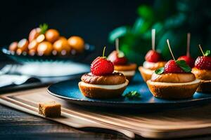 small cakes with strawberries on top and a plate with a fork. AI-Generated photo