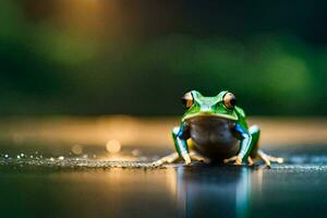 a frog sitting on the ground in the dark. AI-Generated photo