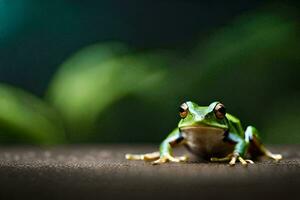 a frog sitting on a wooden surface with a green background. AI-Generated photo