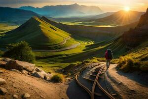 el hombre es caminando en el pistas en el montañas. generado por ai foto