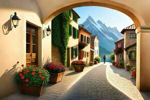 a street with flowers and a mountain in the background. AI-Generated photo