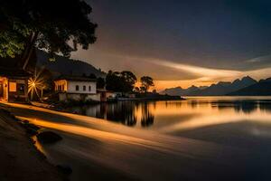 un lago a puesta de sol con un casa en el costa. generado por ai foto