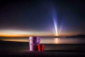 two red cups sit on the beach at sunset. AI-Generated photo