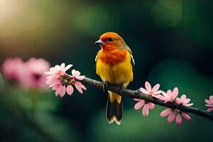 a small orange bird sits on a branch with pink flowers. AI-Generated photo