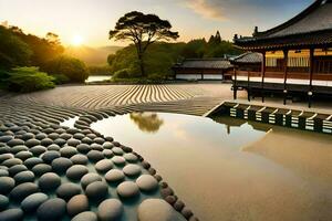 a japanese garden with stones and water. AI-Generated photo