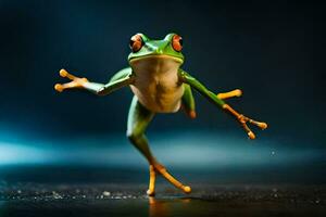 a frog jumping on a black background. AI-Generated photo