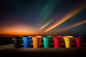 colorful buckets on the beach with an aurora in the background. AI-Generated photo