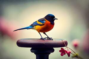 a colorful bird sits on top of a wooden table. AI-Generated photo