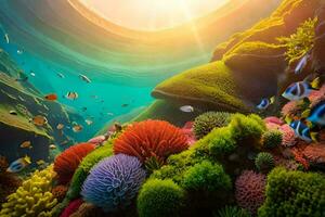 the sun shines over a coral reef and fish. AI-Generated photo