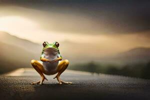 a frog sitting on the ground with its legs spread out. AI-Generated photo