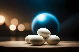 eggs on a table with a blue light. AI-Generated photo