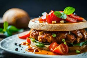 a chicken burger with tomato, lettuce and tomato sauce. AI-Generated photo