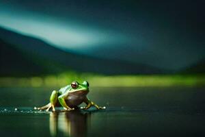 un rana sentado en el suelo en frente de un oscuro antecedentes. generado por ai foto