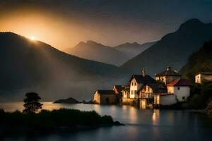 un pequeño pueblo se sienta en el apuntalar de un lago a puesta de sol. generado por ai foto