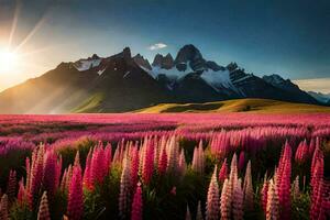 el Dom sube terminado un campo de rosado flores y montañas. generado por ai foto