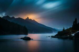 un lago y montañas debajo un oscuro cielo. generado por ai foto