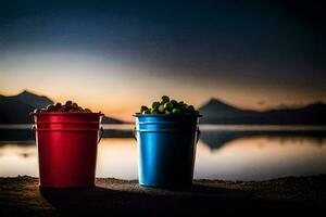 two buckets of grapes sit on the shore of a lake. AI-Generated photo