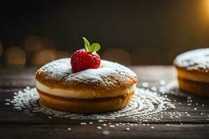 two pastries with powdered sugar and a strawberry on top. AI-Generated photo