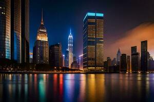 the city skyline at night with lights reflecting off the water. AI-Generated photo