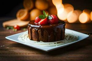 a chocolate cake with strawberries and spaghetti on a plate. AI-Generated photo