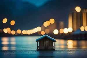 a small house sits on the water with lights in the background. AI-Generated photo