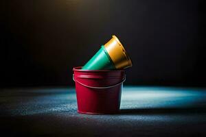 a red bucket with a green lid on top. AI-Generated photo