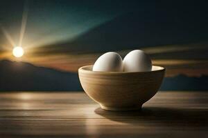 two eggs in a wooden bowl on a table. AI-Generated photo