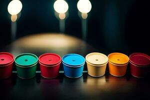 colorful cups lined up on a table. AI-Generated photo