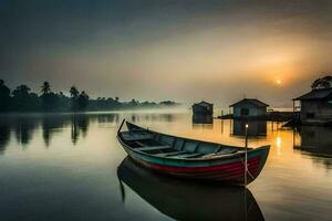 un barco se sienta en el agua a amanecer. generado por ai foto