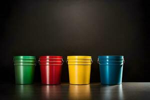 four colorful buckets on a dark background. AI-Generated photo