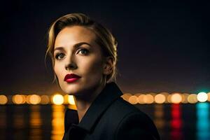 a woman with red lipstick and black suit standing in front of the water. AI-Generated photo