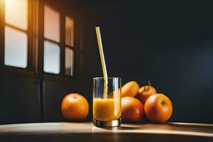 naranja jugo en un vaso con Paja en un de madera mesa. generado por ai foto